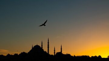 غروب الشمس خلف مسجد، مع silhouettes للمآذن وطائر يطير في السماء. الألوان الدافئة تخلق مشهداً هادئاً وجميلاً.