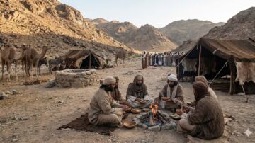 مجموعة من الرجال يجلسون حول نار في مخيم بدوي وسط الجبال. يظهر خلفهم جمال وأشخاص آخرون في صفوف. الخيام مصنوعة من القماش، والتضاريس الجبلية تضفي طابعًا طبيعيًا على المشهد.