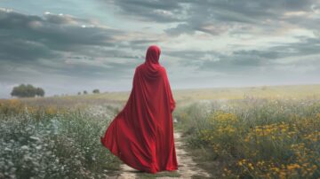 A woman in a flowing red cloak stands on a path through a vibrant field of wildflowers under a dramatic sky. The scene captures a sense of tranquility and mystery in nature.