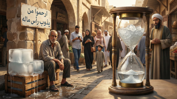 صورة لسوق قديم مع ساعة رملية كبيرة، حيث تظهر كتل ثلجية في الداخل. في الخلفية، يمر الناس بين المحلات، مع لافتة مكتوبة بالعربية تدعو للرحمة. الأجواء تعكس الحياة اليومية في منطقة تاريخية.