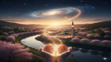 A serene landscape featuring a mosque with a tall minaret beside a river, surrounded by blooming cherry blossom trees. Above, a galaxy spirals in the starry sky, with shimmering light cascading from the hands of a figure in the foreground, creating a sense of connection between the natural and the cosmic.