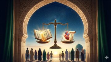 An artistic representation of a balance scale featuring an open Quran on one side and a heart with a scroll on the other, set against a majestic archway. Silhouetted figures of diverse individuals stand in the foreground, gazing towards the horizon, symbolizing the harmony between faith and emotion. The scene is illuminated by a starry sky, creating a serene and contemplative atmosphere.