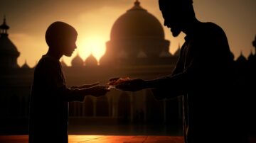 Silhouette of a man and a child exchanging a plate of food at sunset, with a mosque in the background. The scene captures themes of generosity and tradition.