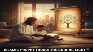 Father and son reading together in a serene setting, with a scroll displaying the Seal of Prophethood and a tree symbolizing Islamic teachings illuminated by soft light. The scene conveys a sense of connection and spirituality, highlighting the importance of guidance in Islam.