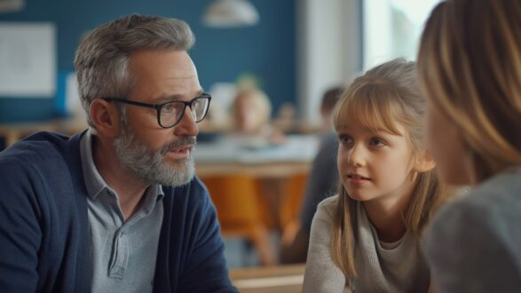 رجل مسن ذو لحية رمادية يرتدي نظارات، يجلس مع فتاة صغيرة في غرفة صفية. الفتاة تستمع بتركيز، بينما يتحدث الرجل. في الخلفية، تظهر بيئة تعليمية مع طلاب آخرين.