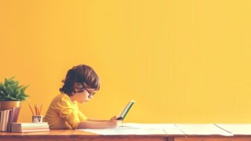 طفل صغير يرتدي نظارات يقرأ كتابًا على طاولة خشبية. خلفية الصورة صفراء مع نبات أخضر في وعاء على الطاولة. الكتب مرتبة بجانب الطفل، مما يعكس بيئة تعليمية مريحة.