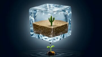 صورة مكعب ثلج شفاف يحتوي على تربة جافة ونبات صبار صغير، يتدلى من أسفل المكعب ماء يتساقط على نبتة صغيرة تنمو من بذور. الخلفية مظلمة تضيف عمقًا للصورة.
