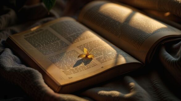 كتاب مفتوح على قماش ناعم، مع ورقة جافة موضوعة على الصفحات. الضوء الطبيعي يسقط على الكتاب، مما يبرز النص والظل.