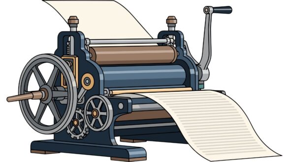 طابعة تقليدية مع عمود دوار وأسطوانات لطباعة الورق، تظهر ورقة طويلة تتدفق من الجهاز، تصميم هندسي مع تفاصيل معقدة.