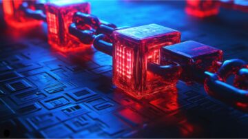 سلسلة من الكتل الزجاجية الحمراء اللامعة متصلة ببعضها البعض، تتواجد على سطح بتصميم هندسي معقد. الإضاءة الزرقاء تبرز التفاصيل وتضفي عمقًا على الصورة، مما يعكس موضوع التكنولوجيا والابتكار.