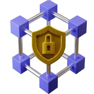 نموذج ثلاثي الأبعاد يوضح شبكة من المكعبات البنفسجية مع درع ذهبي يحمل قفلًا، يمثل الأمان السيبراني وحماية البيانات.