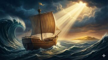 سفينة شراعية قديمة تبحر عبر أمواج عاتية تحت سماء ملبدة بالسحب، مع أشعة الشمس تتسلل من بين الغيوم لتضيء مشهد البحر والمياه المتلاطمة. في الأفق، تظهر جزيرة صغيرة.