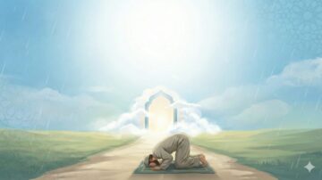 رجل يؤدي الصلاة على سجادة في منظر طبيعي خلاب تحت سماء ملبدة بالغيوم مع شعاع من الضوء يسطع من الخلف، مما يرمز إلى الروحانية والسكينة.