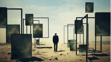 رجل يقف في مشهد صحراوي محاط بإطارات مربعة فارغة تعرض مناظر كونية، تعكس السماء والأرض، مما يخلق إحساسًا بالفضاء والعمق.