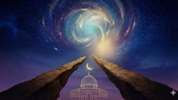 سماء مليئة بالنجوم تتداخل مع دوامة كونية، بينما يظهر قمر هلال فوق قبة معمارية. الصخور تتجه نحو الفضاء، مما يخلق مشهداً ساحراً من الجمال والعمارة الروحية.