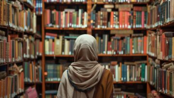 امرأة ترتدي حجابًا تقف أمام رفوف مليئة بالكتب في مكتبة، محاطة بمجموعة من الكتب الملونة والعناوين المتنوعة.