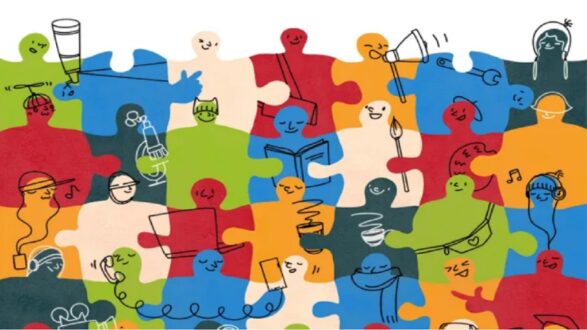 لوحة فنية ملونة تتكون من قطع أحجية تظهر أشخاصًا متنوعين يمارسون أنشطة مختلفة مثل القراءة والاستماع إلى الموسيقى والتحدث، مع تعبيرات وجه سعيدة تعكس التنوع والتفاعل الاجتماعي.