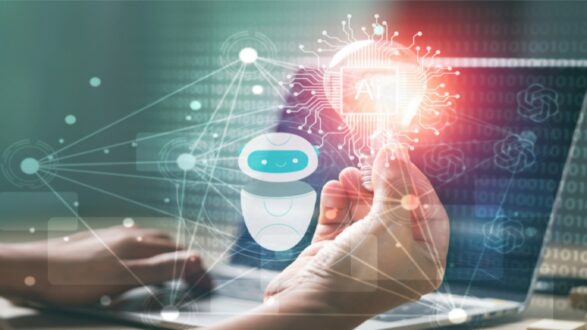 صورة توضح تفاعل إنسان مع روبوت ذكي يظهر في شكل أيقونة، بينما تُعرض بيانات رقمية معقدة على خلفية كمبيوتر محمول. يُركز المشهد على مفهوم الذكاء الاصطناعي وتكنولوجيا المعلومات.