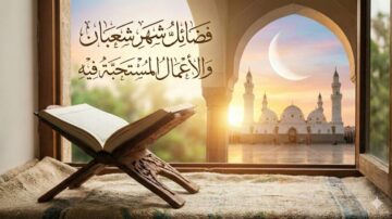 صورة لكتاب مفتوح على حامل، مع منظر خارجي لمسجد تحت ضوء الشمس عند الغروب. في الخلفية، يظهر هلال في سماء صافية، مع نص عربي يتحدث عن فضل شهر شعبان وأهمية الأعمال المستحبة فيه.