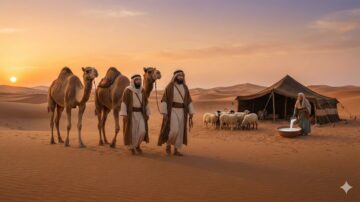 رجلان يرتديان ملابس تقليدية يسيران مع جملين في صحراء واسعة، بينما تسير مجموعة من الأغنام بالقرب من خيمة بدوية في الأفق، مع شمس الغروب في الخلفية.