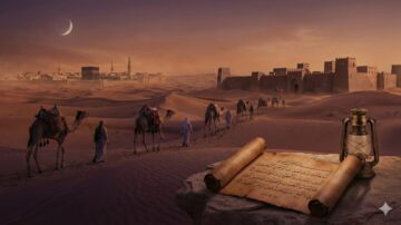 Desert landscape at twilight with a caravan of camels traveling towards a distant city. A lantern and ancient scroll are placed on a rock in the foreground. The scene features a crescent moon and historic architecture in the background, emphasizing the journey and exploration theme.