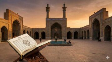 Open Quran on a wooden stand in the foreground, with a beautifully tiled courtyard and two tall minarets in the background. The scene is illuminated by a warm sunset, highlighting the intricate architectural details of the mosque. People can be seen in the distance, creating a serene and spiritual atmosphere.