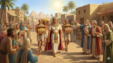 صورة تاريخية تظهر فرعونًا يتقدم في سوق مزدحم، محاطًا بالناس الذين يرحبون به. يحمل حاملو الهدايا صناديق من الذهب والكنوز، بينما تظهر الأهرامات في الخلفية تحت أشعة الشمس. تعكس الصورة الحياة اليومية في مصر القديمة والثقافة الغنية لذلك العصر.