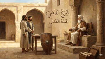 رسم تاريخي يظهر قاضيًا جالسًا على منصة في محكمة قديمة، محاطًا برجلين يتحدثان معه. في الخلفية، تظهر تفاصيل معمارية تقليدية. النص العربي "شرع القاضي قمة العدل" مكتوب بشكل بارز.