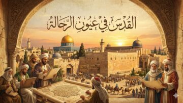 مشهد تاريخي يظهر مجموعة من العلماء والباحثين يجلسون حول طاولة في مقدمة الصورة، مع معالم مدينة القدس التاريخية في الخلفية. يظهر في الأفق قبة الصخرة والمساجد، مع أشعة الشمس تضيء المشهد. النص العربي "القدس في عيوننا الحالمة" يبرز في الجزء العلوي، مما يعكس أهمية القدس في الثقافة والتاريخ.