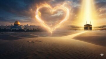 منظر يجمع بين قبة الصخرة في القدس وكعبة مكة، مع قلب مضيء يبرز في السماء. يعكس الصورة الروحانية والترابط بين المعالم الإسلامية، مع تدرجات لونية دافئة وخلفية صحراوية.