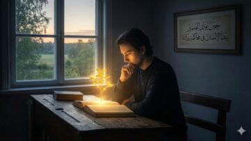 شخص يجلس على طاولة خشبية، يتأمل في كتاب مفتوح، بينما يخرج من الكتاب نور ساطع يضيء غصنًا مزهرًا. خلفه نافذة تطل على منظر طبيعي جميل في وقت الغروب، مع وجود نص عربي على الحائط.