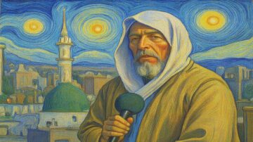 رجل مسن يرتدي عباءة وعمامة، يحمل ميكروفونًا، مع خلفية تظهر مئذنة وقبة خضراء تحت سماء مرسومة بنجوم متلألئة. تعكس الصورة أسلوب فن فني نابض بالألوان والحيوية.