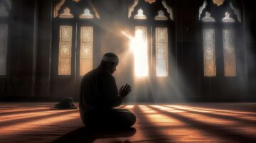 A person praying in a mosque, with sunlight streaming through ornate windows, creating a serene atmosphere. The warm light highlights the peaceful setting and the individual's devotion.