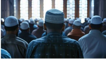 Muslim men in traditional attire attending prayer in a mosque, with focus on the back of a man wearing a white cap. The interior features illuminated stained glass windows, creating a serene atmosphere.