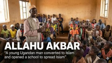 A young Ugandan man speaks to a group of children in a classroom, sharing his journey of converting to Islam and founding a school to promote Islamic teachings. The room is filled with attentive students, showcasing a vibrant educational environment focused on faith and community.