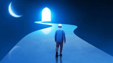 A person in traditional attire walks along a winding path illuminated by a bright, arched doorway in a starry night sky, with a crescent moon visible. The scene evokes themes of hope, spirituality, and new beginnings.