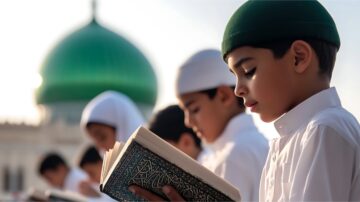 Young children in traditional attire reading the Quran outdoors, with a prominent green dome in the background, symbolizing Islamic culture and education. Bright daylight enhances the serene atmosphere of learning and spirituality.