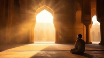 A serene scene depicting a man sitting in meditation inside a grand architectural space. Soft sunlight streams through an intricately designed archway, illuminating the room with a warm glow. The atmosphere evokes a sense of peace and reflection.