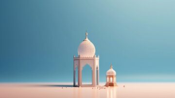 A minimalist artistic representation of two ornate structures resembling Indian architecture, featuring intricate patterns and domes, set against a soft blue background. The larger structure is white with detailed carvings, while the smaller one is golden and white, creating a striking contrast.