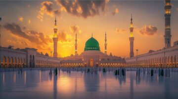 Sunset view of the Prophet's Mosque in Medina, Saudi Arabia, featuring the iconic green dome and minarets. Pilgrims gather in the courtyard, reflecting the serene atmosphere of this holy site. The sky is filled with vibrant colors, enhancing the spiritual ambiance of the scene.