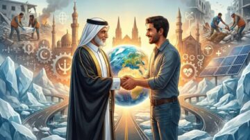 صورة تعبر عن التعاون بين الثقافات، حيث يظهر شخص يرتدي زيًا تقليديًا عربيًا وآخر في ملابس عصرية، وهما يتصافحان أمام الكرة الأرضية. خلفية الصورة تحتوي على معالم معمارية، رموز التكنولوجيا، وأشخاص يعملون في مجالات البناء والطاقة المتجددة. تعكس الصورة التفاهم والتعاون العالمي لتحقيق التنمية المستدامة.