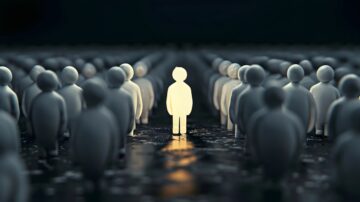 A single glowing figure stands out among a crowd of dark, shadowy silhouettes, symbolizing individuality and uniqueness in a sea of conformity.