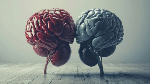 صورة توضح دماغين متقابلين، أحدهما باللون الأحمر والآخر باللون الرمادي، مع تفاصيل دقيقة تعكس التركيب العصبي. الخلفية بسيطة والأرضية خشبية، مما يبرز التباين بين الدماغين. تعبر الصورة عن التفاعلات العقلية أو الصراع بين الأفكار المختلفة.
