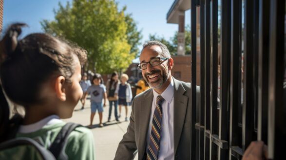رجل في بدلة يبتسم ويتحدث مع طفل عند مدخل مدرسة، مع طلاب آخرين في الخلفية. يظهر يوم مشمس وأشجار خضراء.