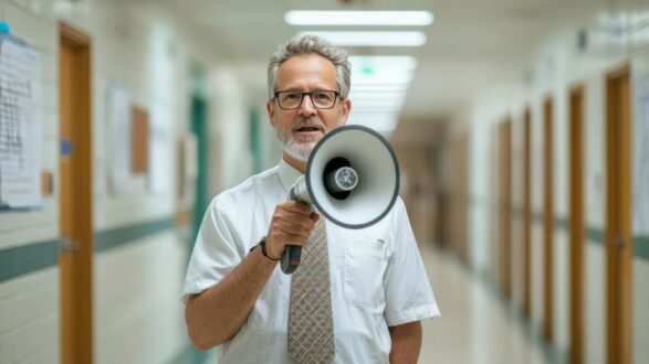 رجل مسن يحمل ميغافون في ممر مدرسة، يرتدي قميصًا أبيض وربطة عنق، ويبتسم. الممر مضاء بشكل جيد مع أبواب الغرف على الجانبين.
