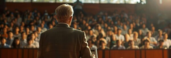 رجل مسن يتحدث من على المنصة أمام جمهور كبير في قاعة محاضرات مضاءة، مع تركيز على المتحدث وجمهوره.