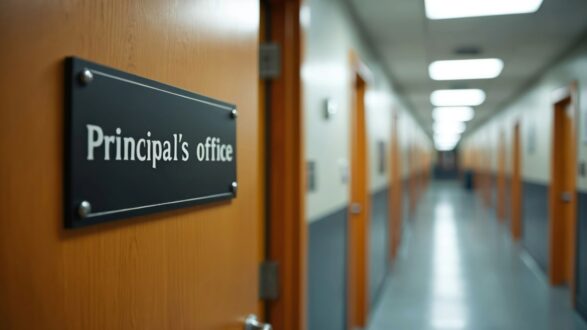 باب مكتب المدير في مدرسة، مع ممر طويل يضم أبواب صفية. الإضاءة الساطعة تعكس أجواء تعليمية.