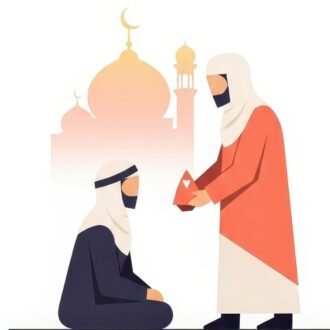 شخصية تحمل قلبًا في صندوق تقدم مساعدة لشخص آخر جالس. خلفية تحتوي على معالم معمارية إسلامية مثل قبة ومئذنة. تعبير عن العطاء والكرم في الثقافة الإسلامية.