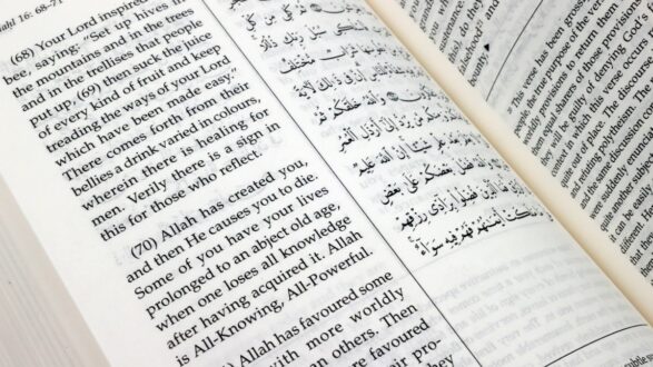 نص عربي في كتاب يتضمن آيات من القرآن، مع تفسير باللغة العربية. النص يتحدث عن خلق الإنسان ورعاية الله، مع دعوة للتفكر في المعاني. الكتاب مفتوح على صفحة تحتوي على ملاحظات وتفسيرات توضيحية.