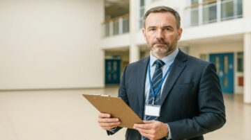 رجل في بدلة رسمية يحمل دفتر ملاحظات ويمتلك تعبيراً جدياً، يقف في ممر واسع مع جدران بيضاء وأبواب زرقاء. يُظهر صورة تعكس الاحترافية والجدية في بيئة عمل.